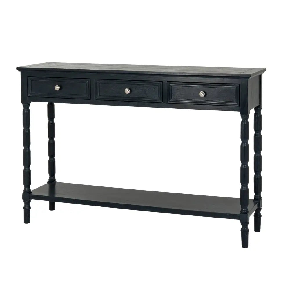Black wooden drawer console from contour collection with three proportioned drawers and turned legs