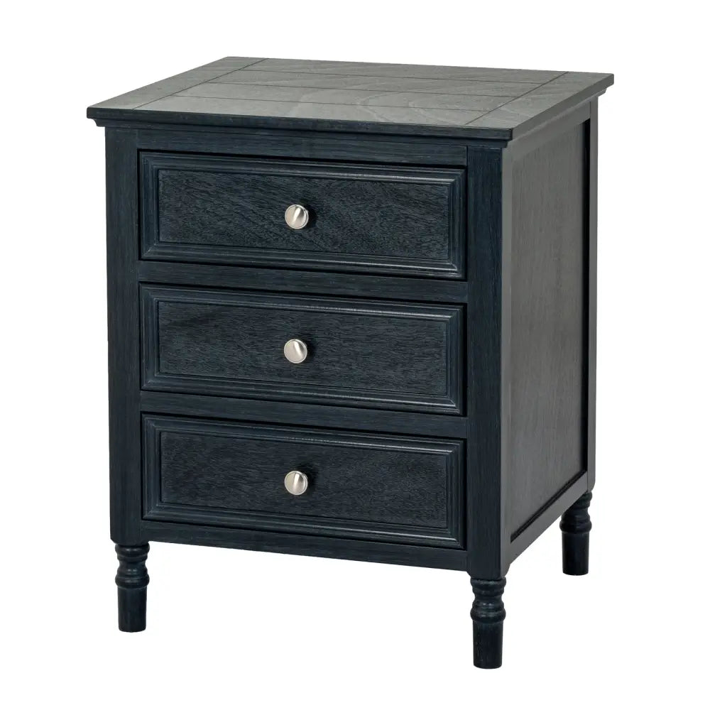 Black wooden nightstand from contour collection with three drawers and brass-toned hardware for bedroom storage