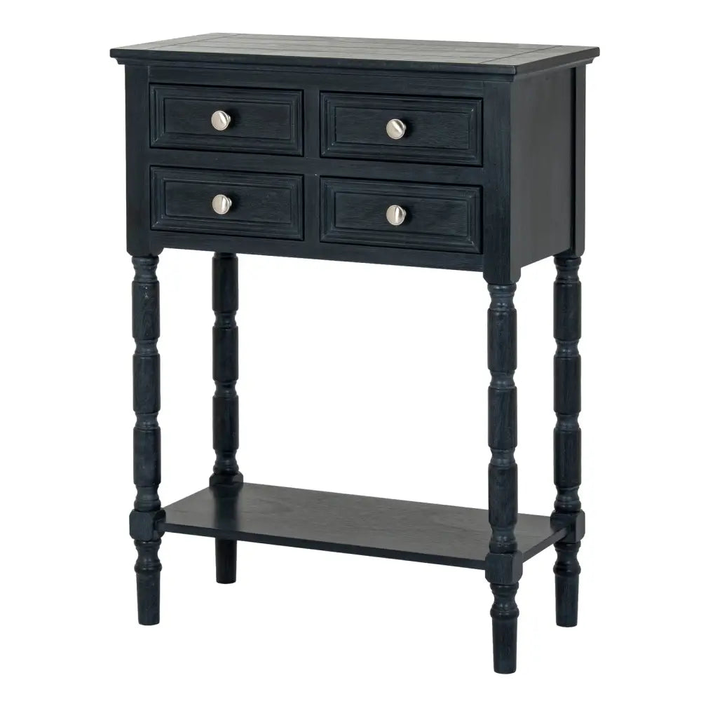 Black wooden contour collection side table with four drawers and turned legs showing subtle contrasts and symmetrical form
