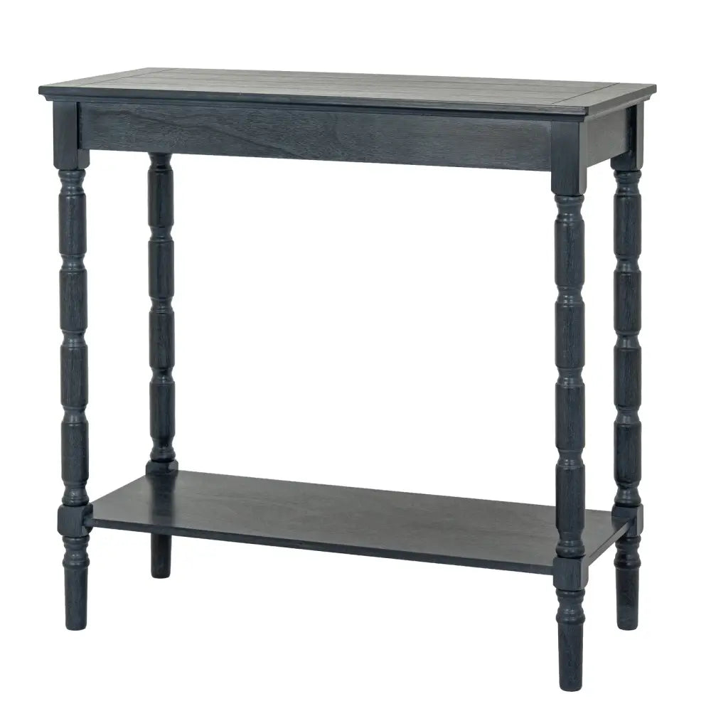 Black painted wooden contour collection console with turned legs and lower shelf for extra storage