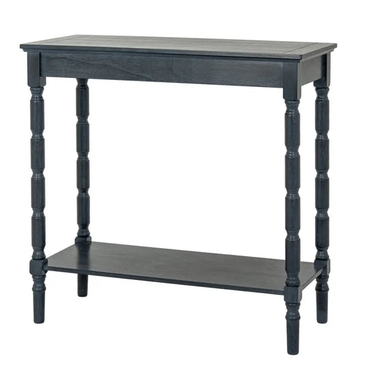 Black painted wooden contour collection console with turned legs and lower shelf for extra storage