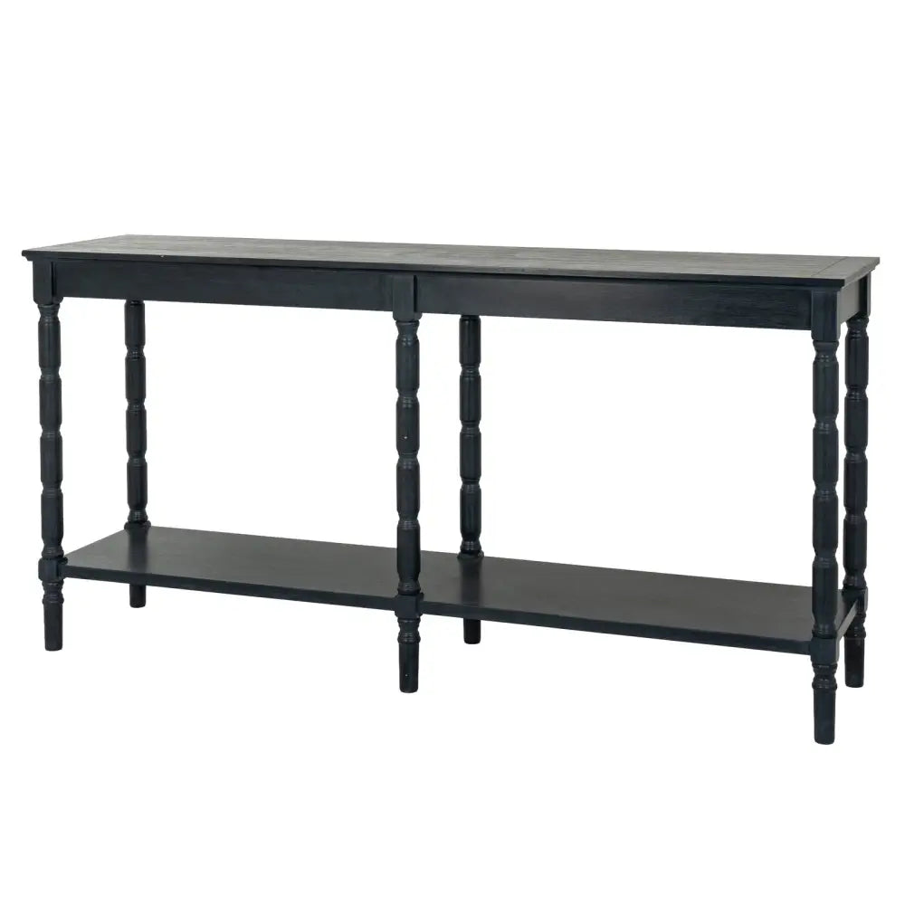Black painted wooden console table with turned legs and lower shelf from contour collection large console