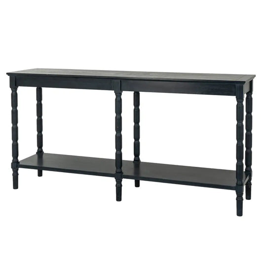 Black painted wooden console table with turned legs and lower shelf from contour collection large console