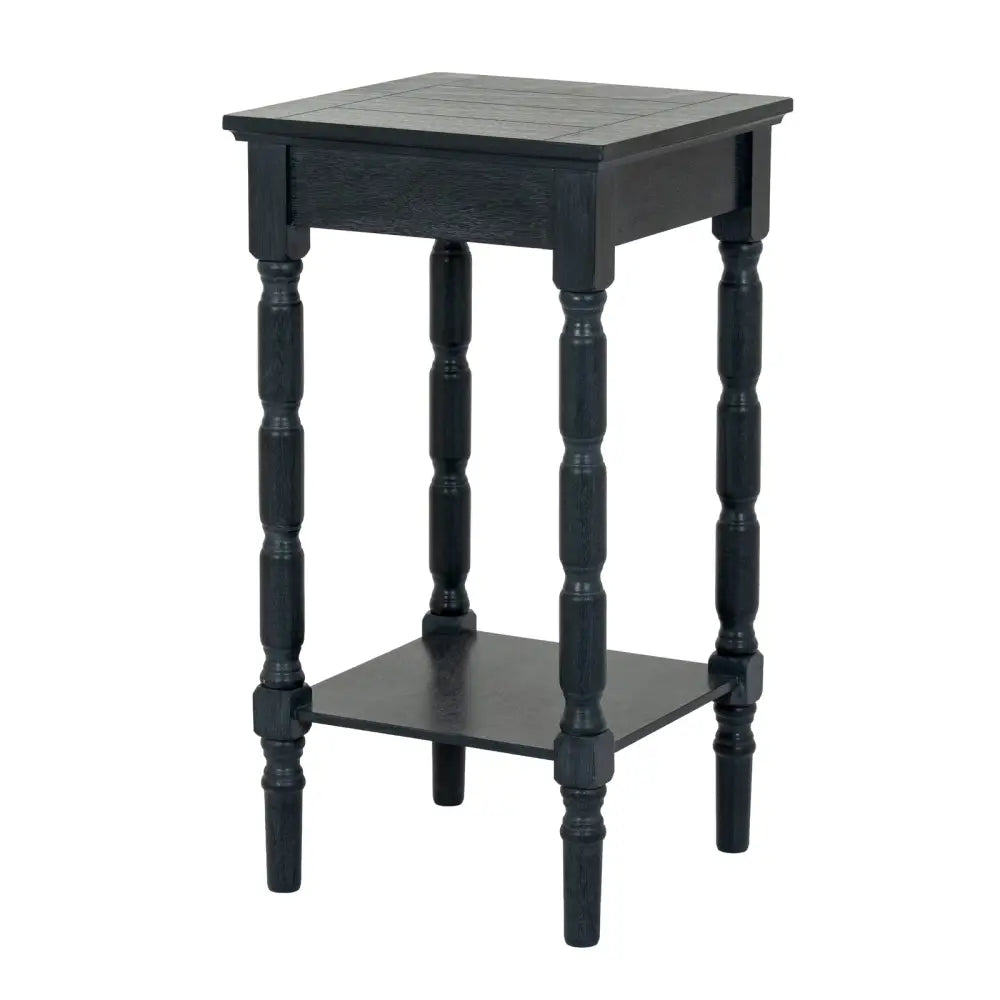 Black distressed wood contour collection side table with turned legs rounded tabletop edges and lower shelf features