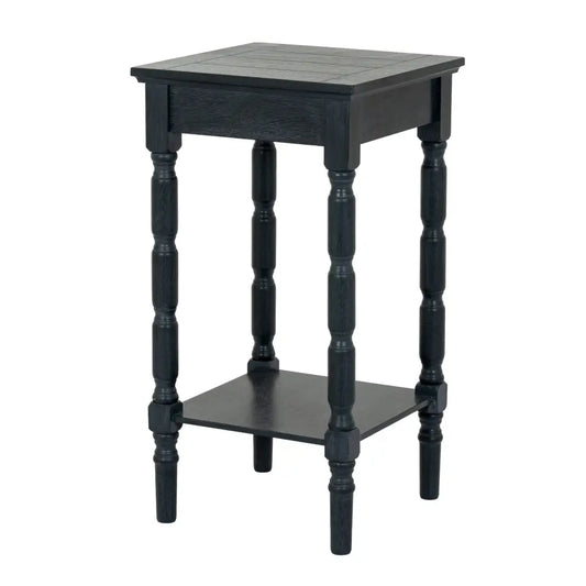 Black distressed wood contour collection side table with turned legs rounded tabletop edges and lower shelf features