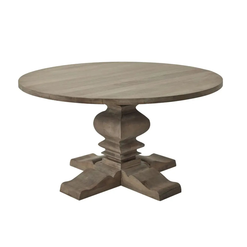 Copgrove collection round pedestal dining table with rustic weathered gray wood finish and ornate pedestal base