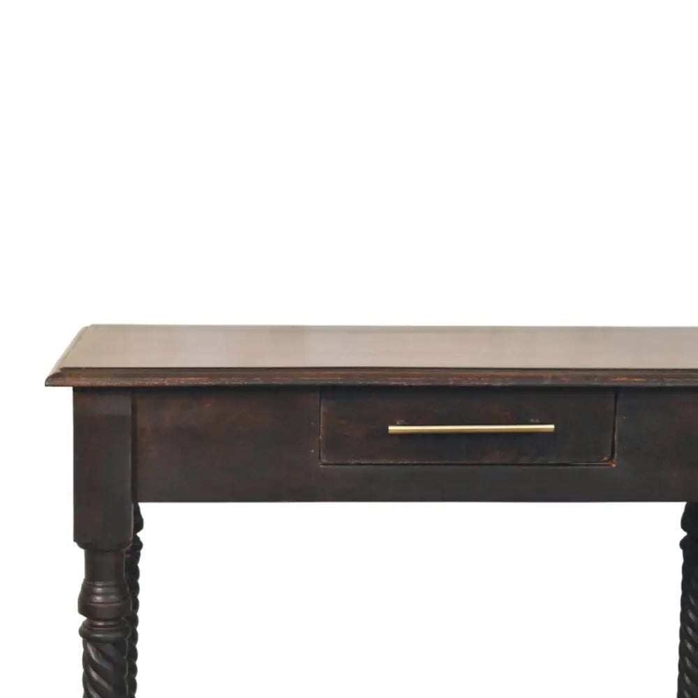 Dark brown solid mango wood writing desk with a single drawer brass handle and twisted legs called cordelier turned leg