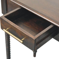 Dark brown solid mango wood writing desk with brass drawer pull and twisted metal turned legs side table