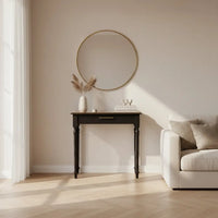 Black writing desk with ornate turned legs and single drawer made from solid mango wood perfect for home office