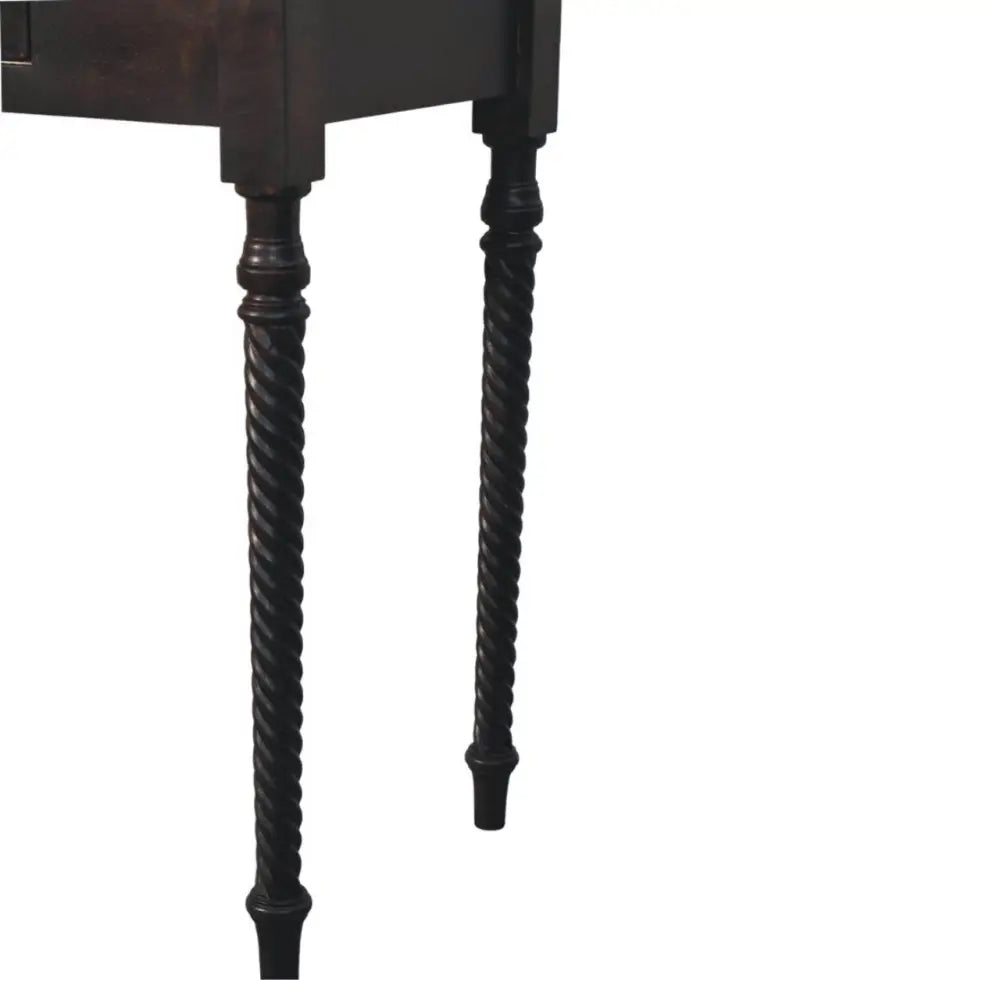 Dark wood twisted ornate legs of cordelier turned-leg writing desk made from solid mango wood