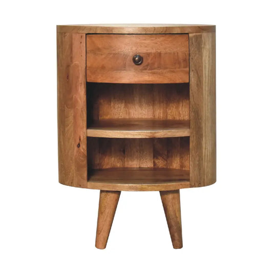 Rustic cortez oak-ish bedside with open shelves and drawer on tapered legs perfect for luxury furniture for modern homes