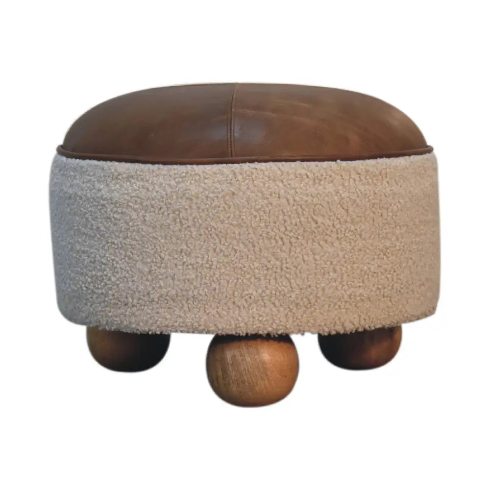 Cream boucle buffalo footstool with brown leather top beige shearling wrap and wooden ball feet