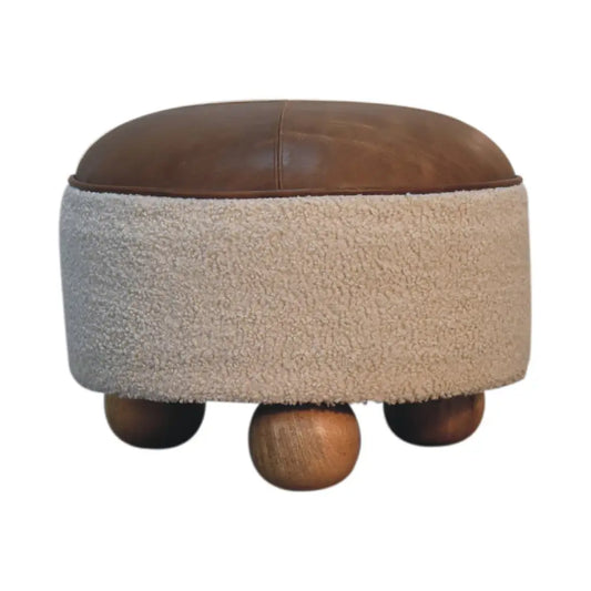 Cream boucle buffalo footstool with brown leather top beige shearling wrap and wooden ball feet