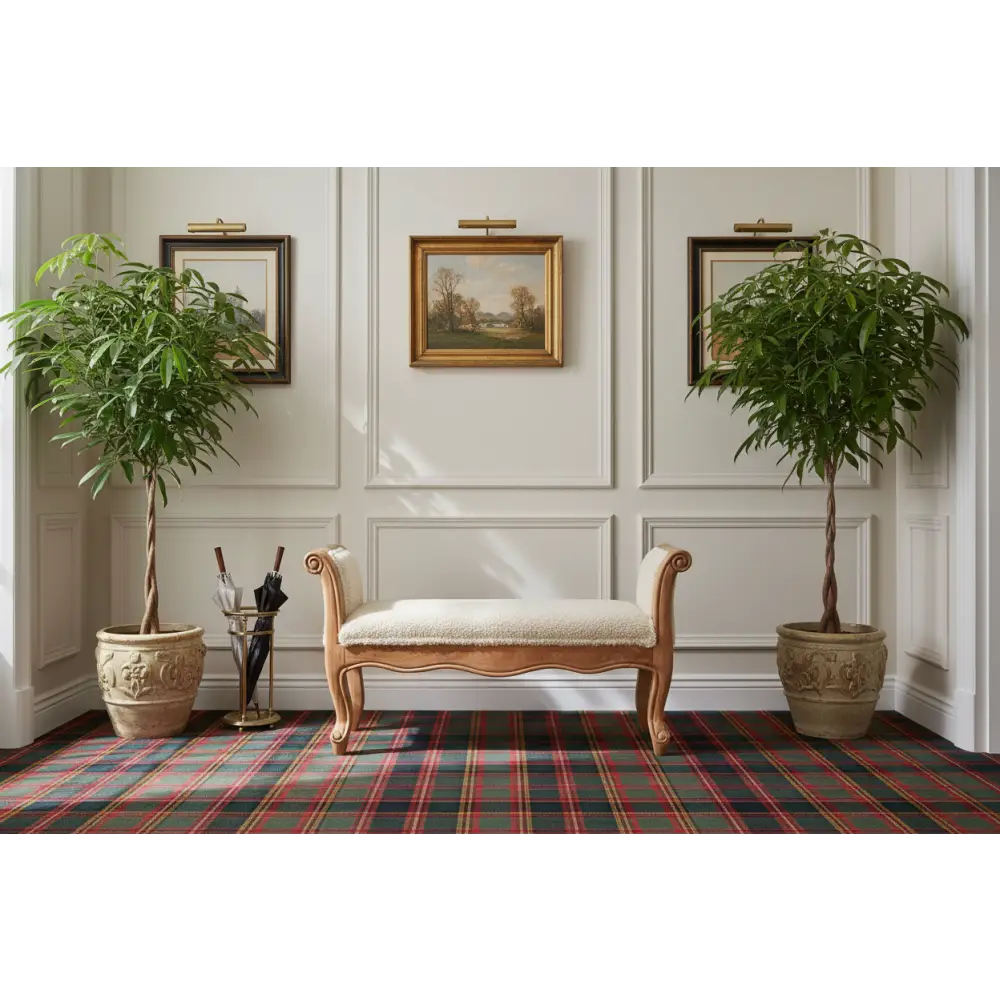 Beige upholstered cream boucle french style bench with carved light wood frame and scrolled legs