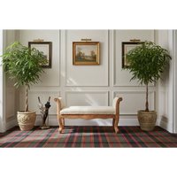 Beige upholstered cream boucle french style bench with carved light wood frame and scrolled legs