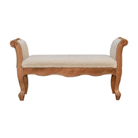 Cream boucle french style bench with plush upholstery carved wooden legs and scrolled armrests in cream boucle