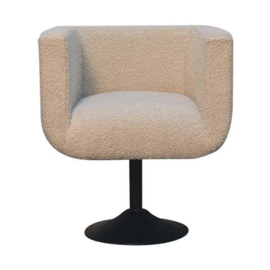 Cream boucle swivel chair with plush fabric and sleek black pedestal base for stylish comfy seating