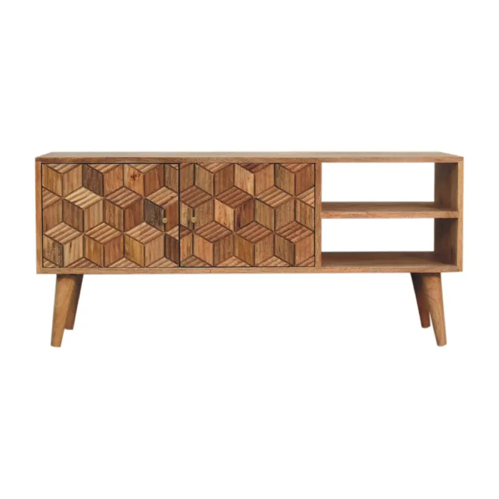 A mid-century modern wooden cubana media unit with geometric cube patterned doors and tapered legs