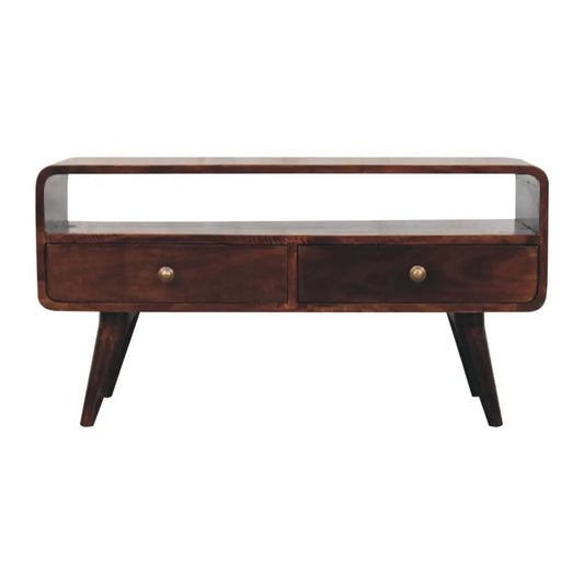 Dark brown curved california walnut media unit with two drawers and brass knobs perfect as a coffee table