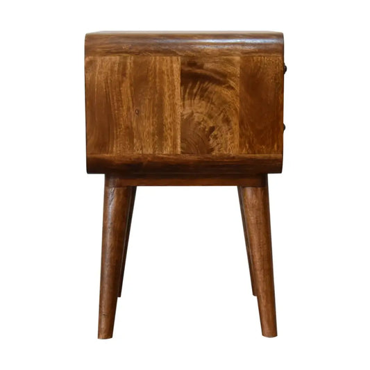 A sleek dark brown wooden curved chestnut bedside with smooth finish and tapered legs for bedroom use
