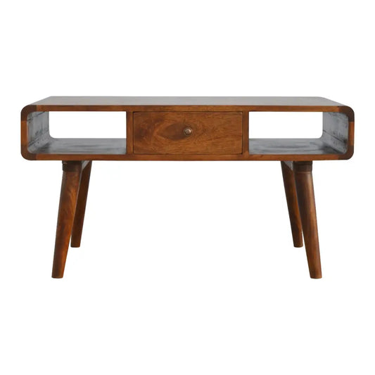 Mid-century modern curved chestnut coffee table with tapered legs single drawer and open shelving in wood