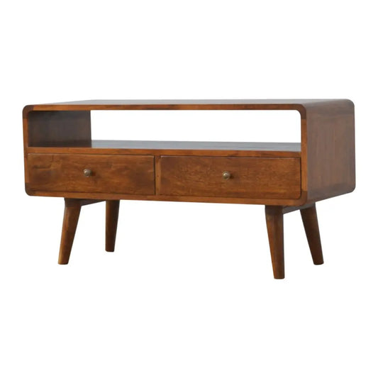Mid-century modern curved chestnut media unit with tapered legs and two drawers made of wood for stylish storage