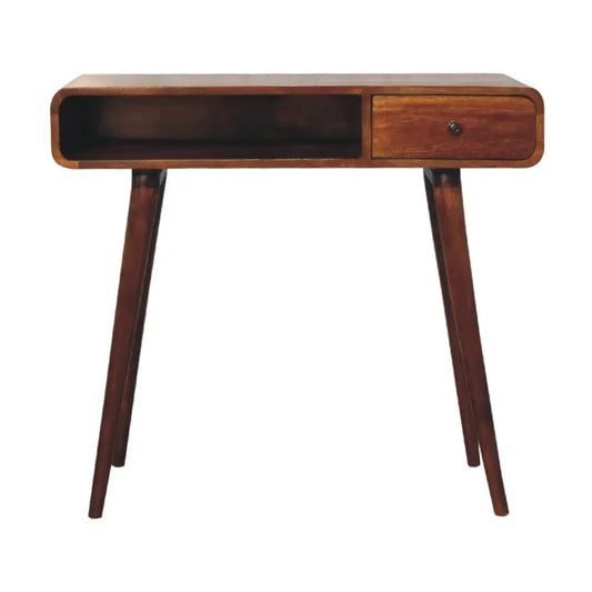 Mid-century modern chestnut writing desk with dark brown finish tapered legs single drawer and open shelf