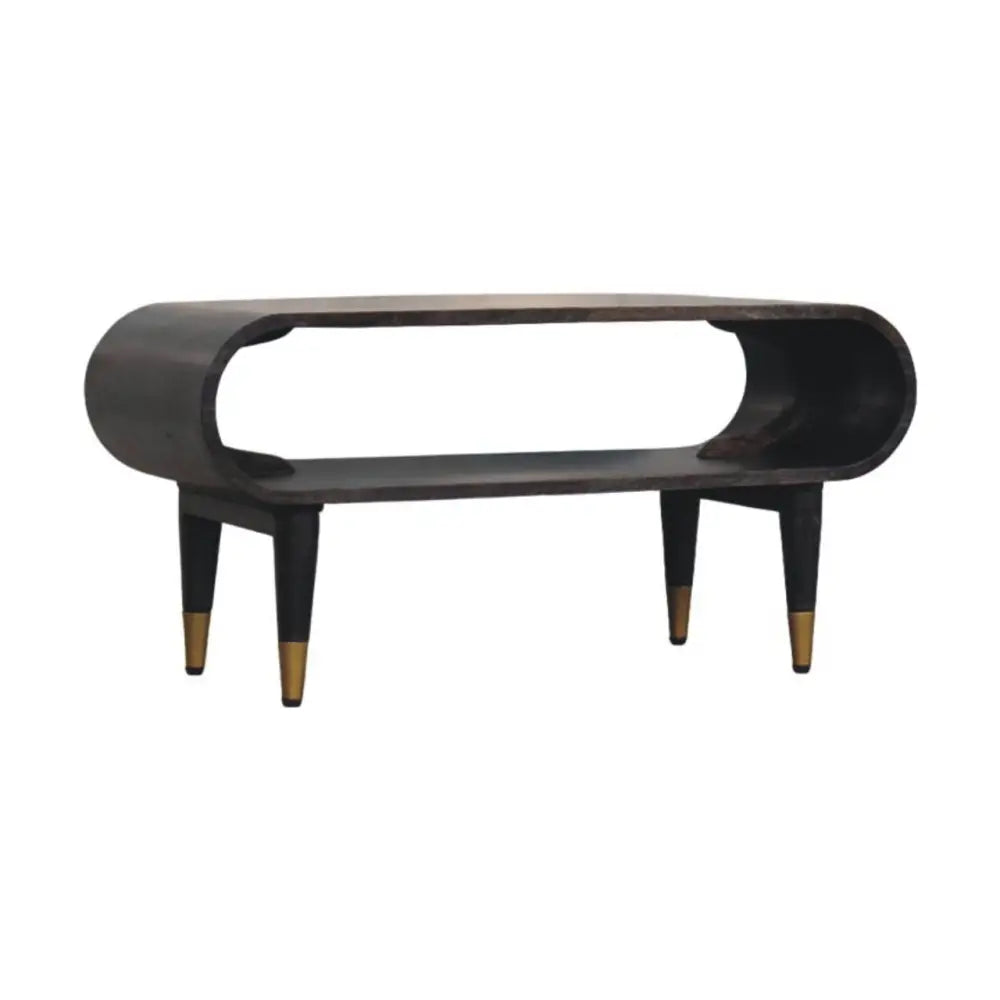 Curved edge media mid-century modern coffee table with solid mango wood top in carbon ash finish and brass accents
