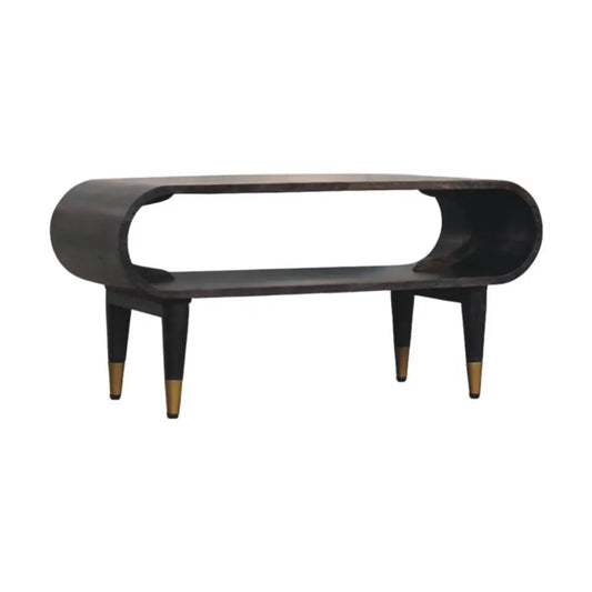 Curved edge media mid-century modern coffee table with solid mango wood top in carbon ash finish and brass accents