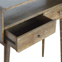 Curved grey wash wooden console table with dark top, light wood grain drawers, round knobs, and tapered legs