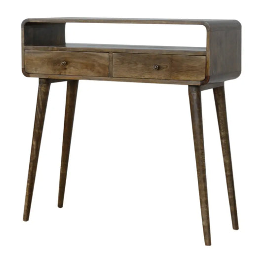 Curved grey wash wooden console table with two drawers and tapered legs in a rustic dark brown finish