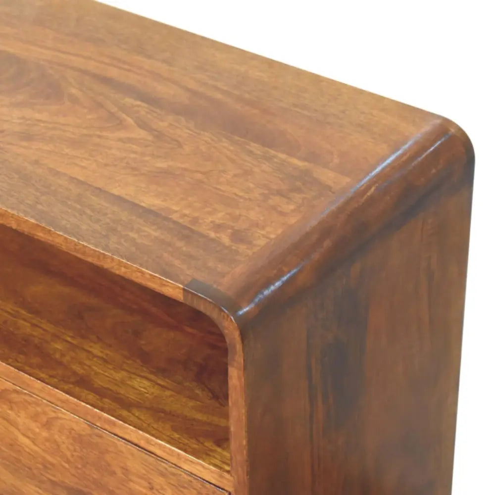 Curved nordic charm chest featuring rich brown wood with smooth polished finish and natural grain patterns