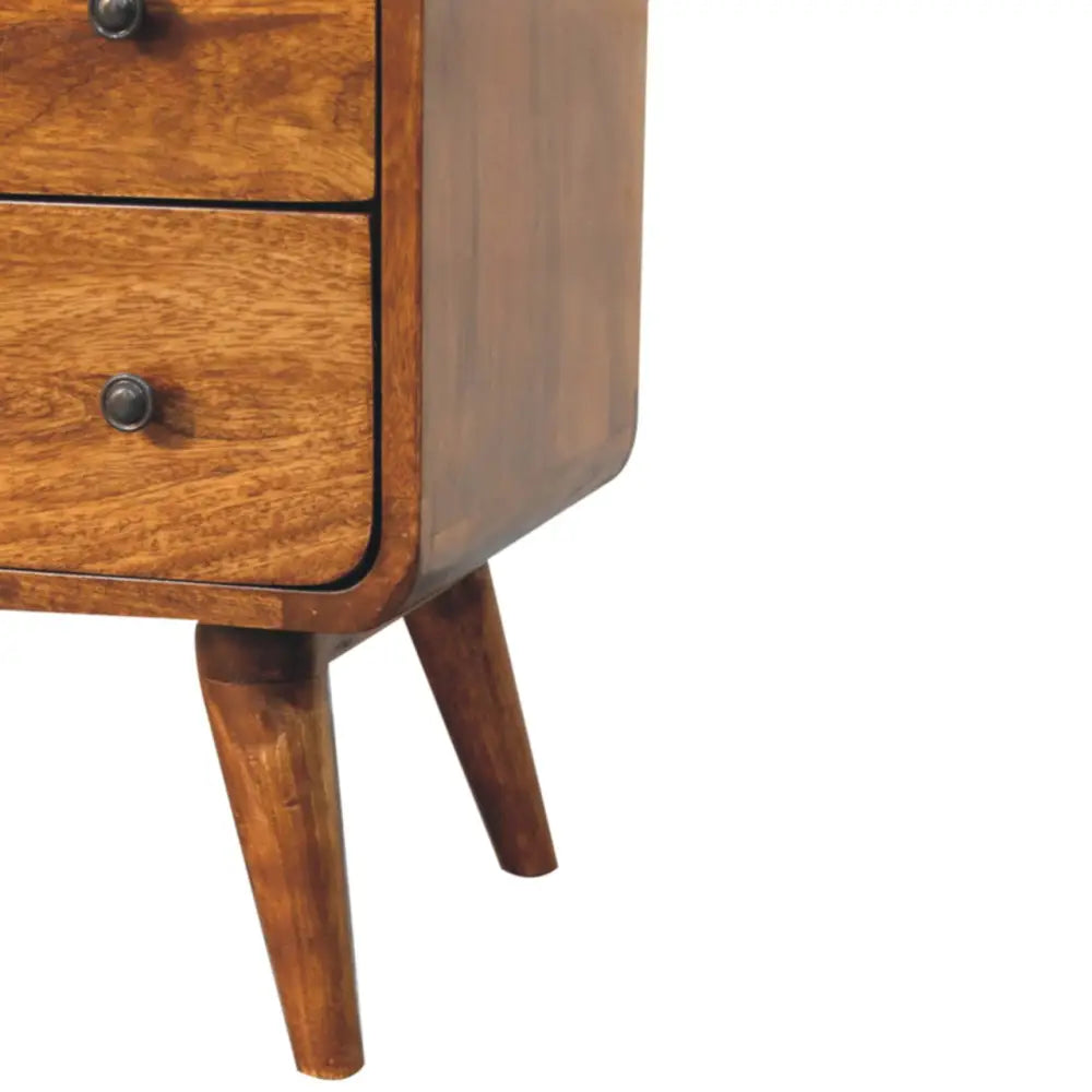 Mid-century modern wooden nightstand with two drawers dark brown finish and rounded legs curved nordic charm chest
