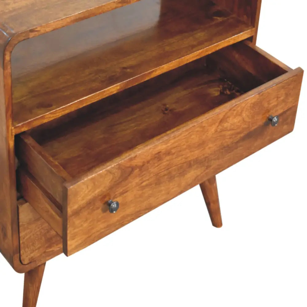 Warm-toned wooden curved nordic charm chest with mid-century tapered legs and two drawers with round metal knobs