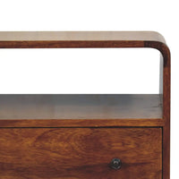 Rich warm-toned wooden curved nordic charm chest nightstand with smooth top edge and single drawer metal knob