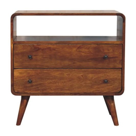 Curved nordic charm chest wooden nightstand with two drawers glass shelf and tapered legs in mid-century modern style