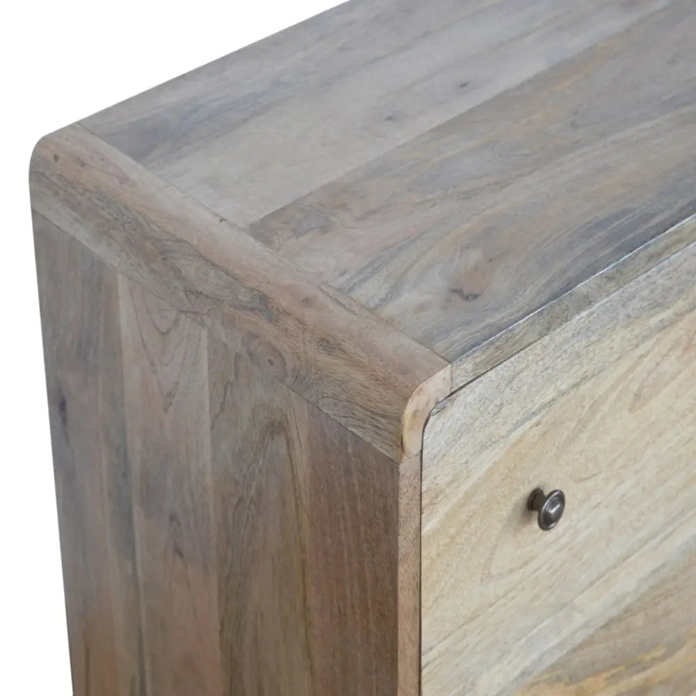 Curved oak-ish chest gray-toned wooden cabinet with natural wood grain and rounded edges for luxury home decor furniture