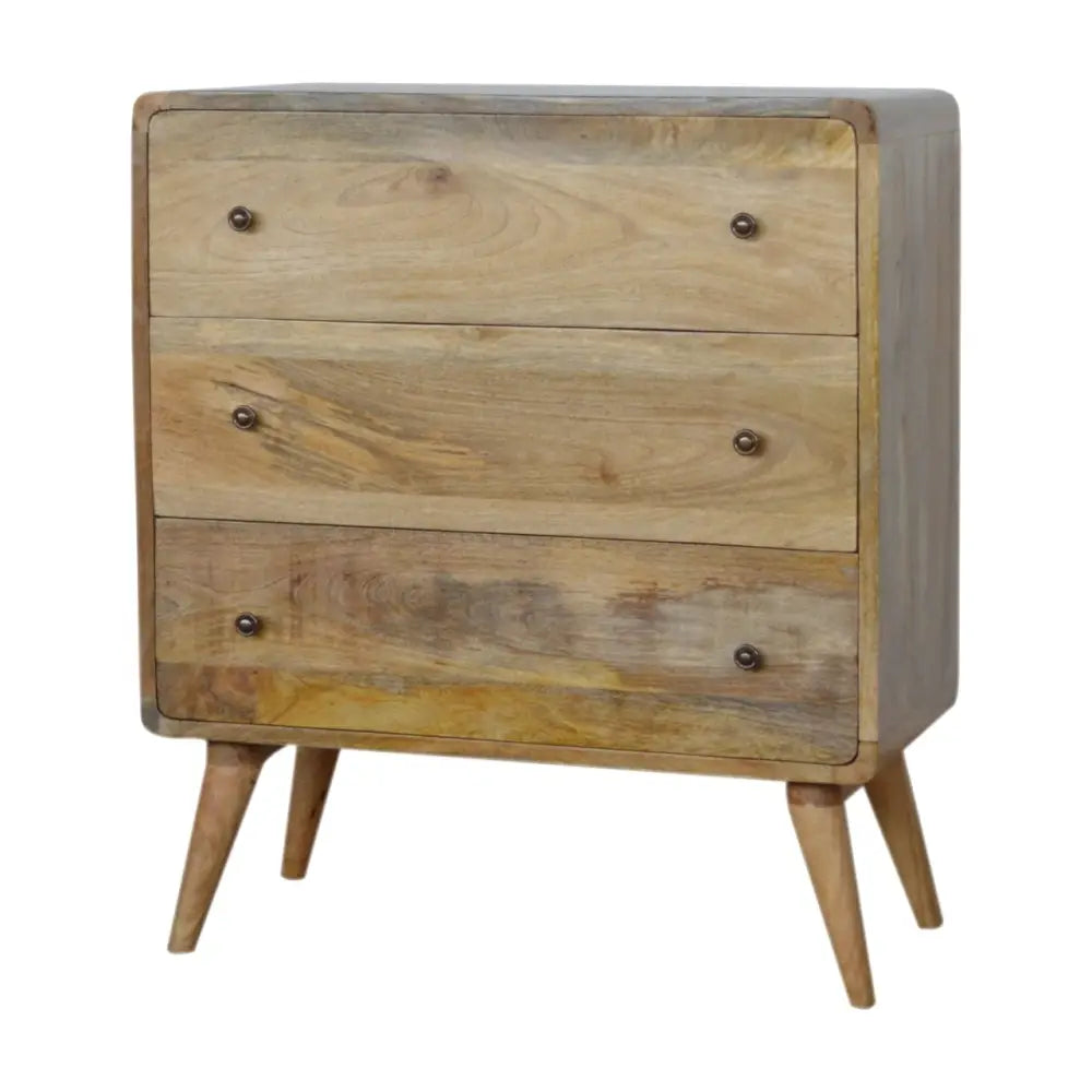 Rustic curved oak-ish chest with three drawers and tapered legs perfect for luxury furniture for modern homes