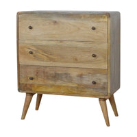 Rustic curved oak-ish chest with three drawers and tapered legs perfect for luxury furniture for modern homes