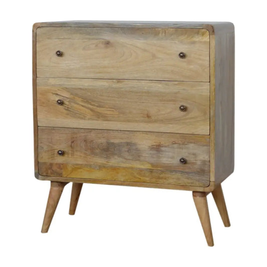 Rustic curved oak-ish chest with three drawers and tapered legs perfect for luxury furniture for modern homes