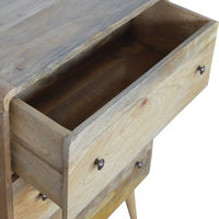 A curved oak-ish chest with natural wood grain finish and metal knobs perfect for luxury furniture for modern homes