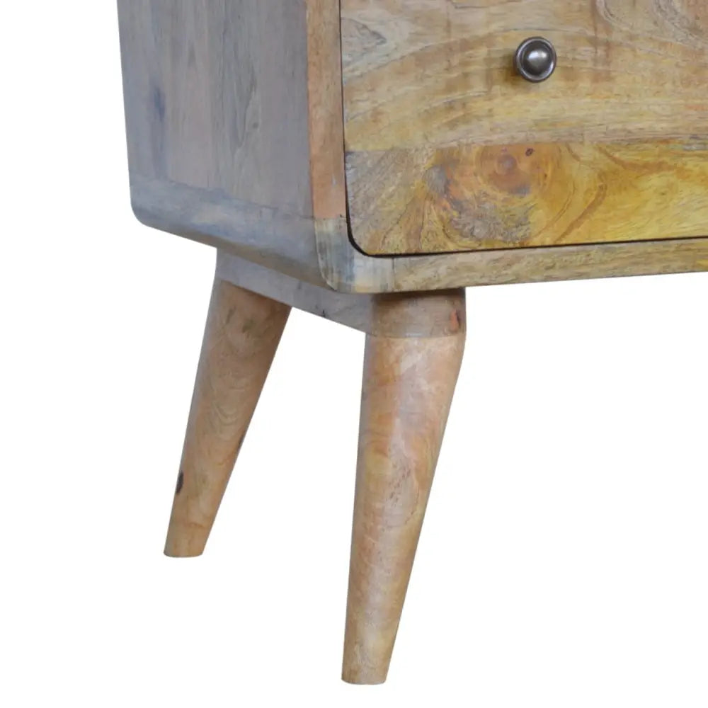 Curved oak-ish chest rustic mid-century modern nightstand with natural wood finish and metallic knob for luxury furniture