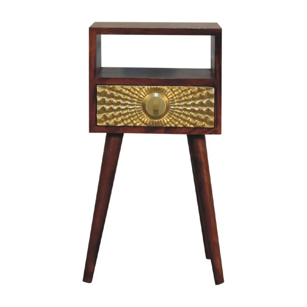 A mid-century modern eden mini bedside with dark wood frame, angled legs, and gold textured drawer front with knob
