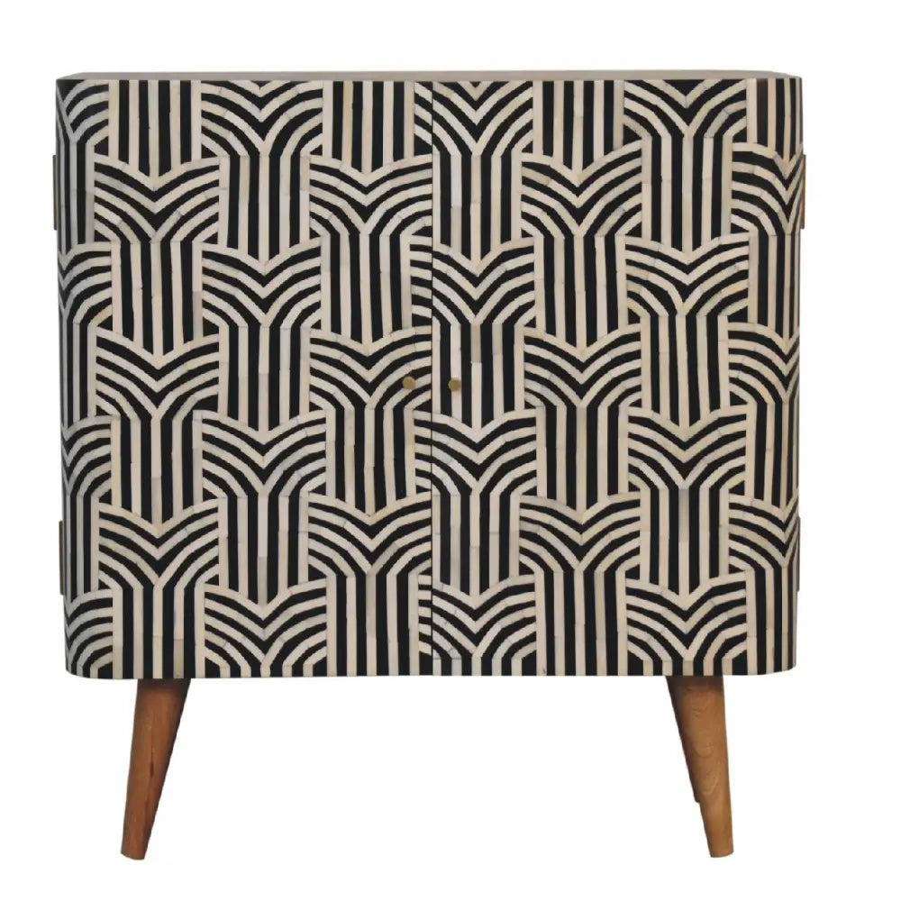 Edessa bone inlay cabinet with black and white geometric bone inlay and wooden legs for stylish storage