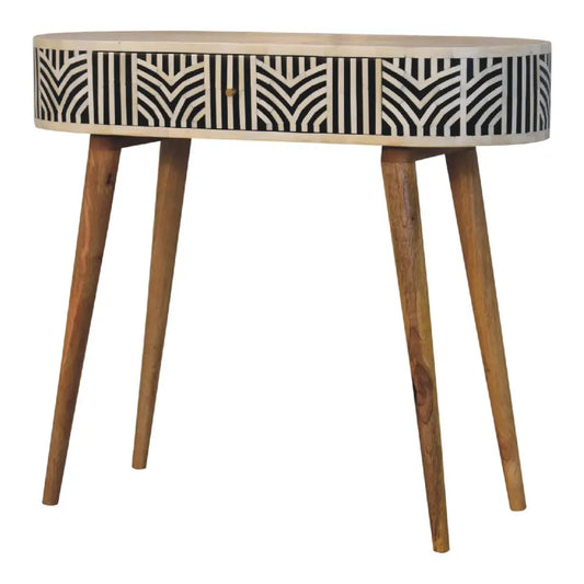 Edessa bone inlay console table with black and white geometric bone inlay top and slender wooden legs
