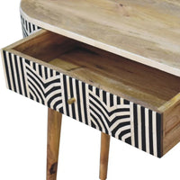 A modern edessa bone inlay console table with natural wood top black and white geometric bone inlay drawer front