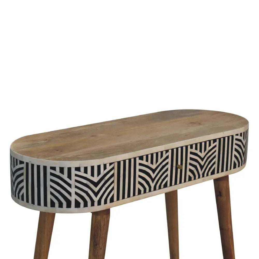 Modern edessa bone inlay console table with natural wood top black and white geometric chevron inlay and slender legs