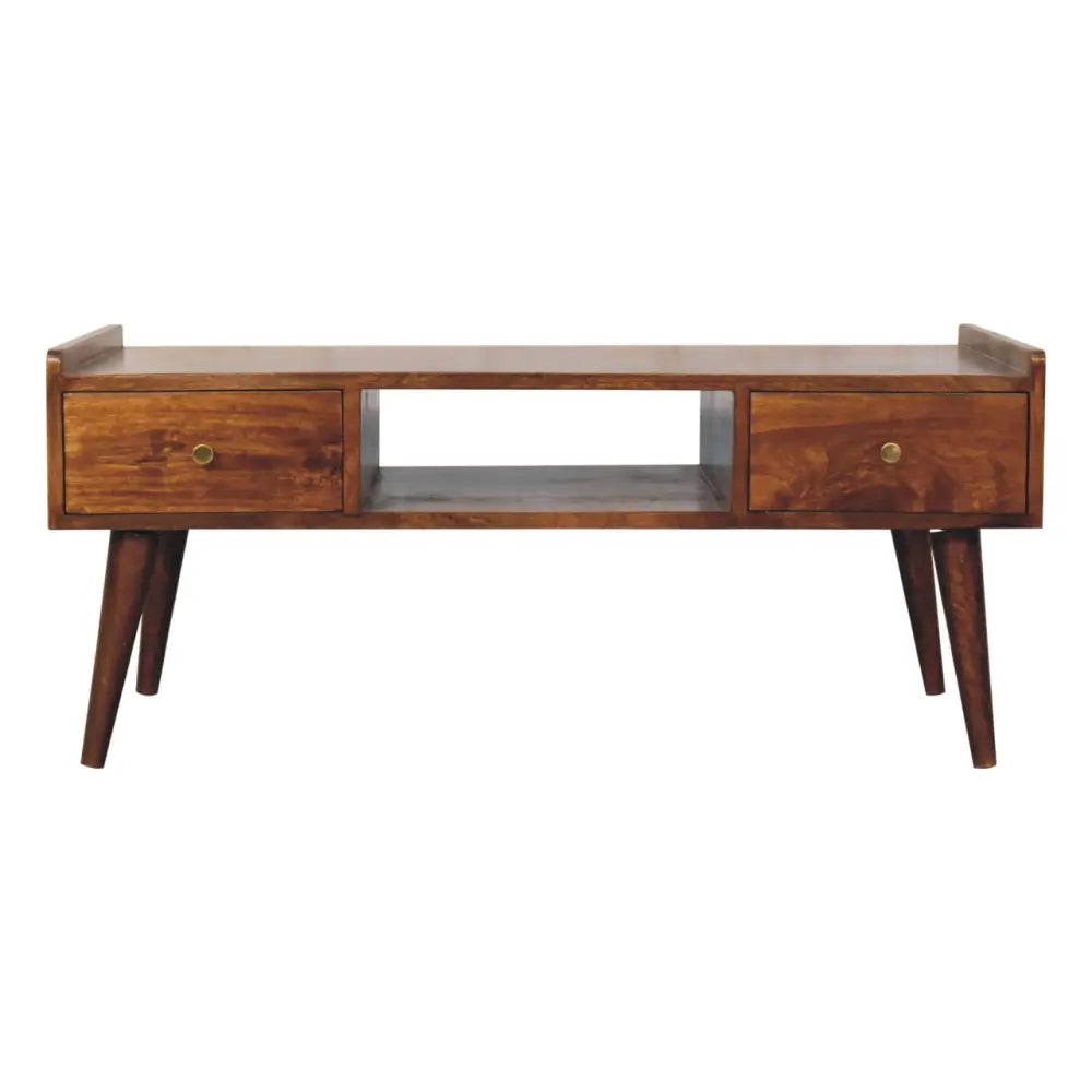 Mid-century modern wooden coffee table with two drawers and tapered legs in elevated chestnut media unit style