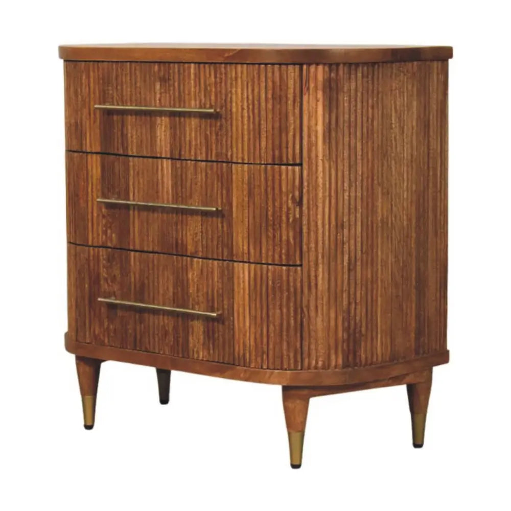Emerson ribbed 3-drawer chest in solid mango wood with vertical slat design and brass handles mid-century modern style