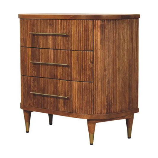 Emerson ribbed 3-drawer chest in solid mango wood with vertical slat design and brass handles mid-century modern style